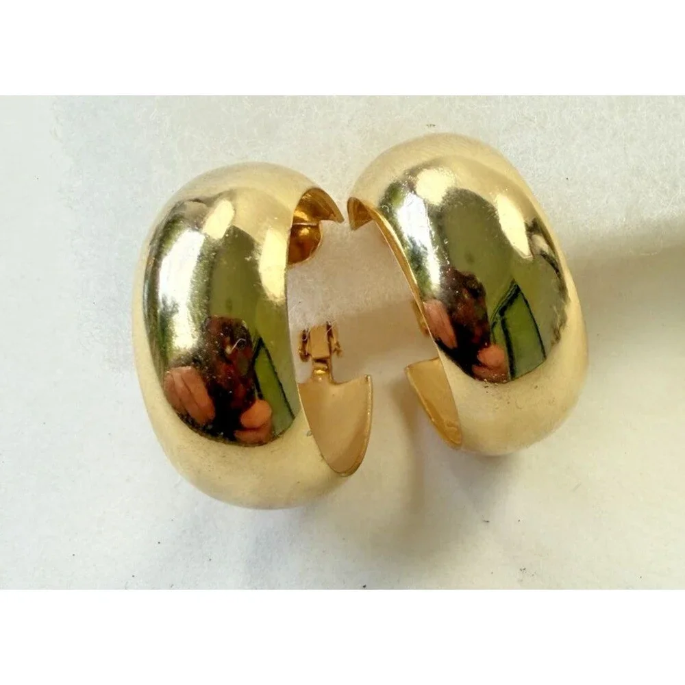 Vintage 1980s Gold Tone Chunky Hoop Clip On Earrings Wide Domed Statement Retro